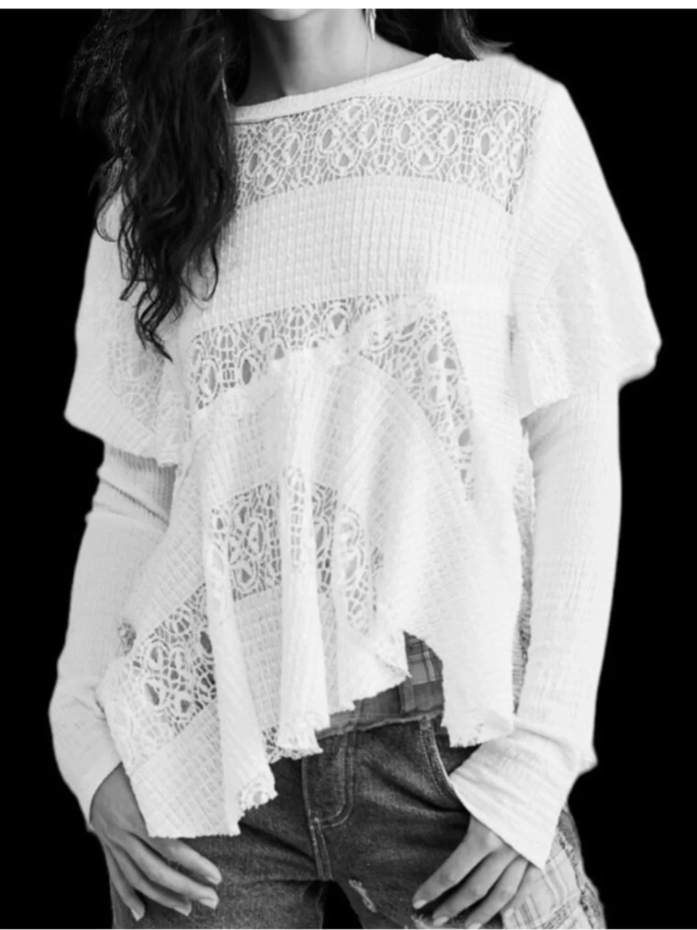 Free People Snowfall Boho Black Lace Asymmetric Whimsigoth Tunic Top Ruffle L